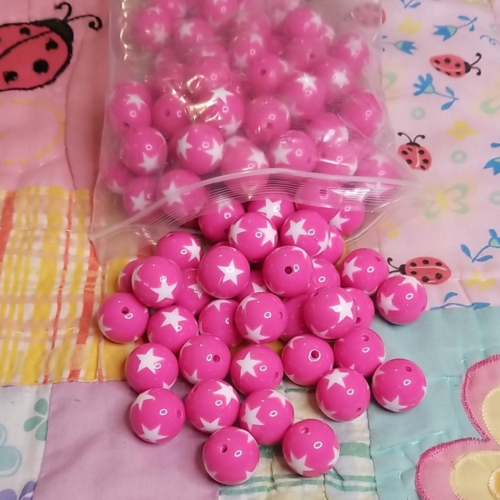 Pink Beads with White Stars 20mm Chunky Beads Bubblegum Beads Full Bag Approx 90